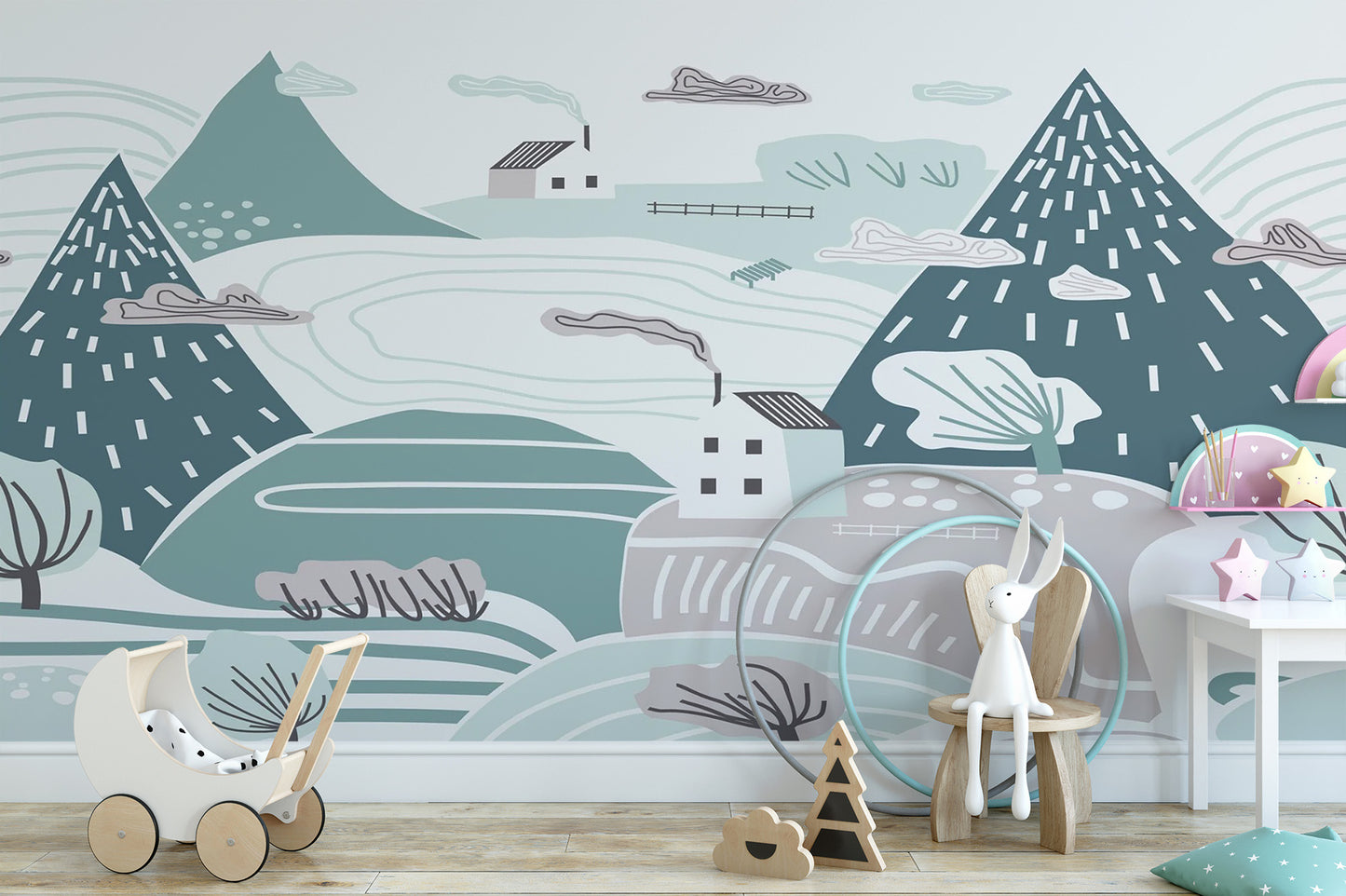 Kids room mural of winter countryside scene
