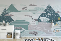 Nursery cloudy wallpaper mural with hills
