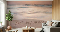 Peaceful Coastal Affirmation mural sun haze over water great room wall art.