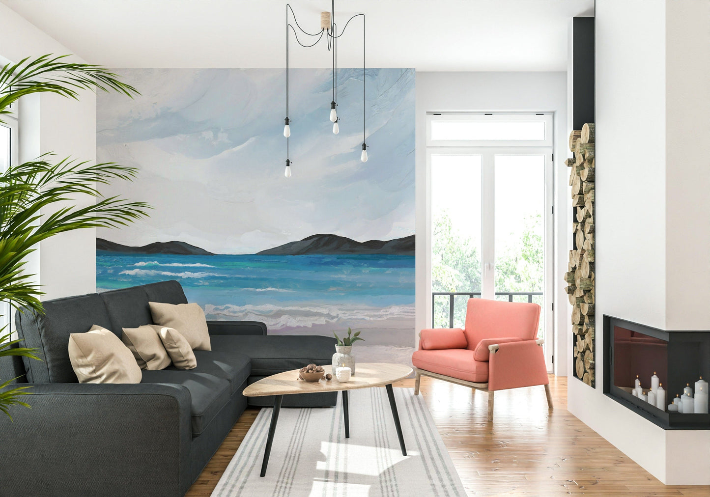 Coastal Scene Wall Mural showing seaside landscape in neutral colours for modern interiors
