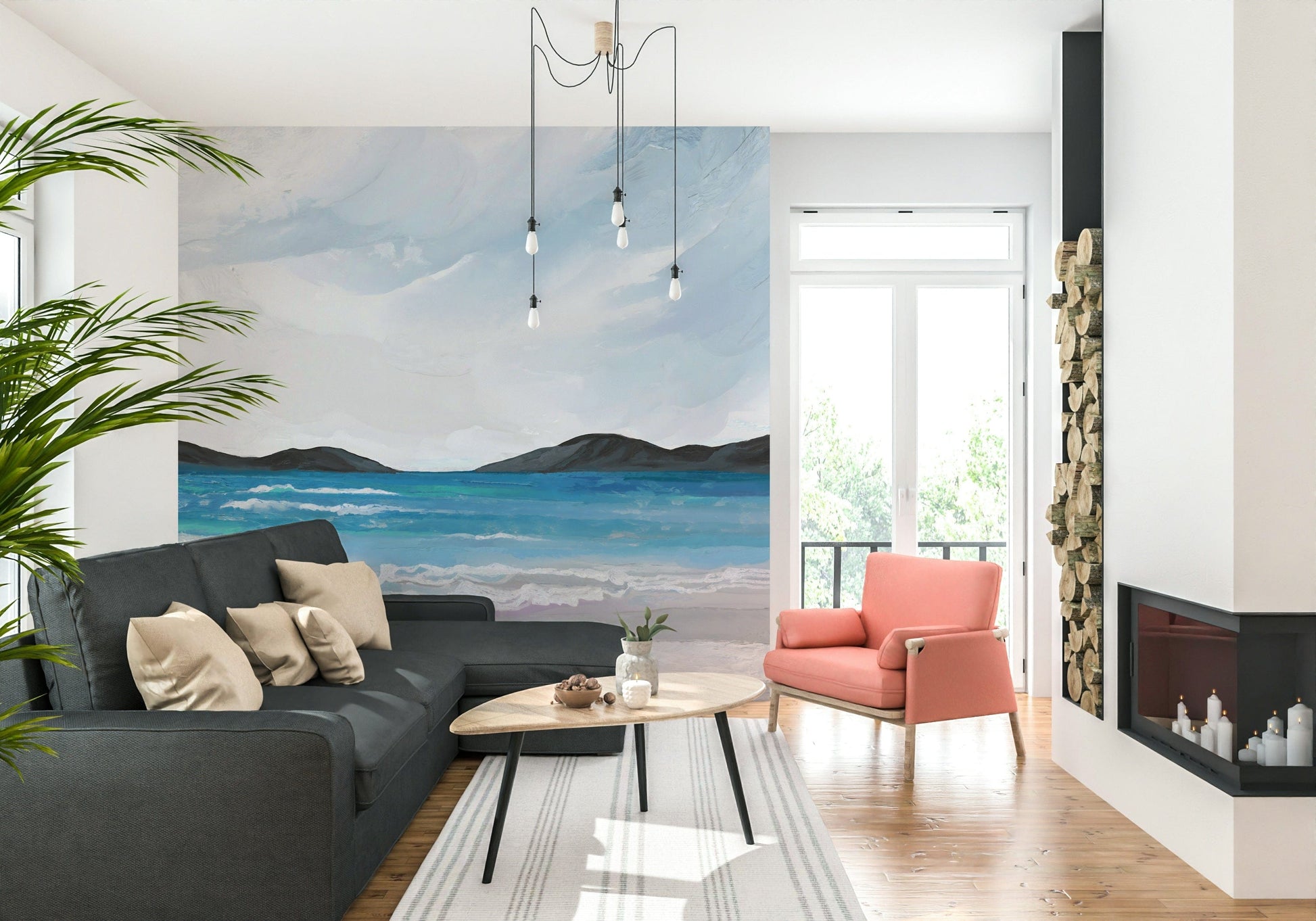 Coastal Scene Wall Mural showing seaside landscape in neutral colours for modern interiors