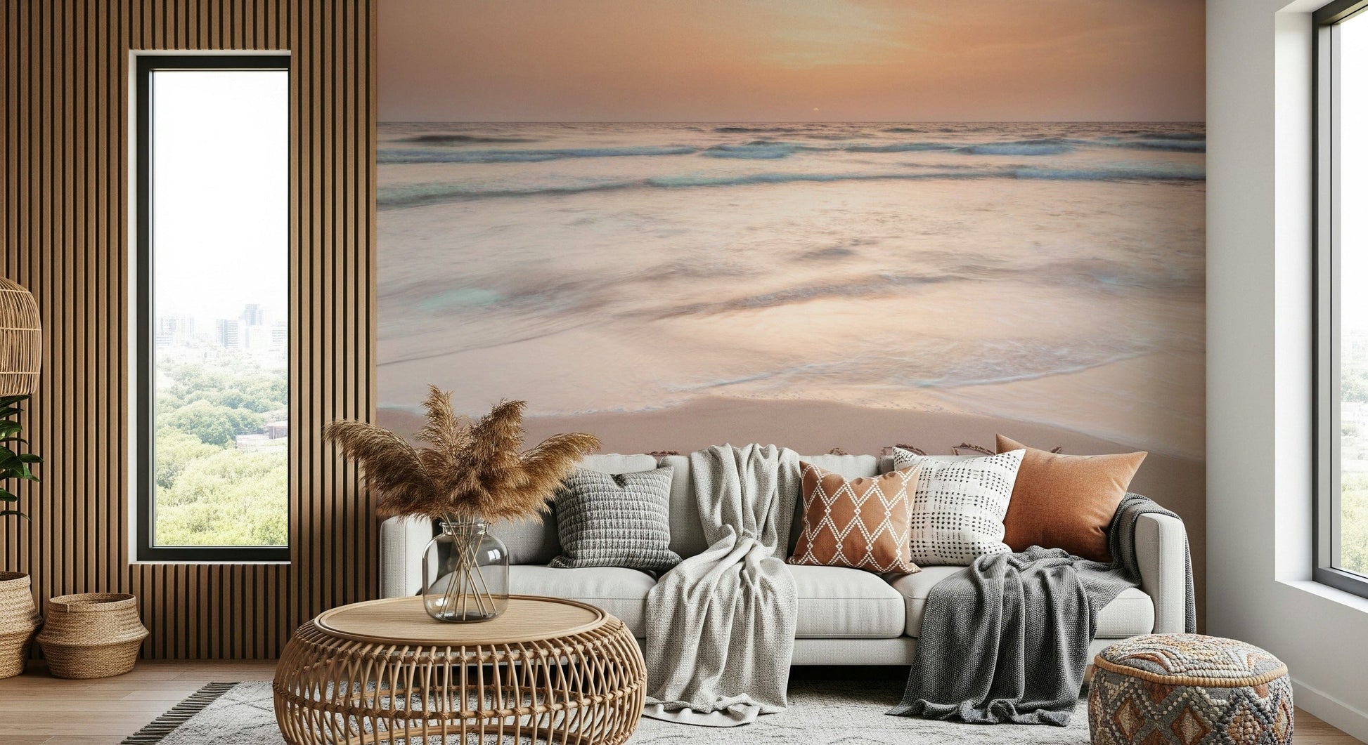 Coastal Affirmation peel and stick wallpaper lovely beach scene written words.