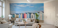 A minimalist interior with the beach-themed wallpaper.


