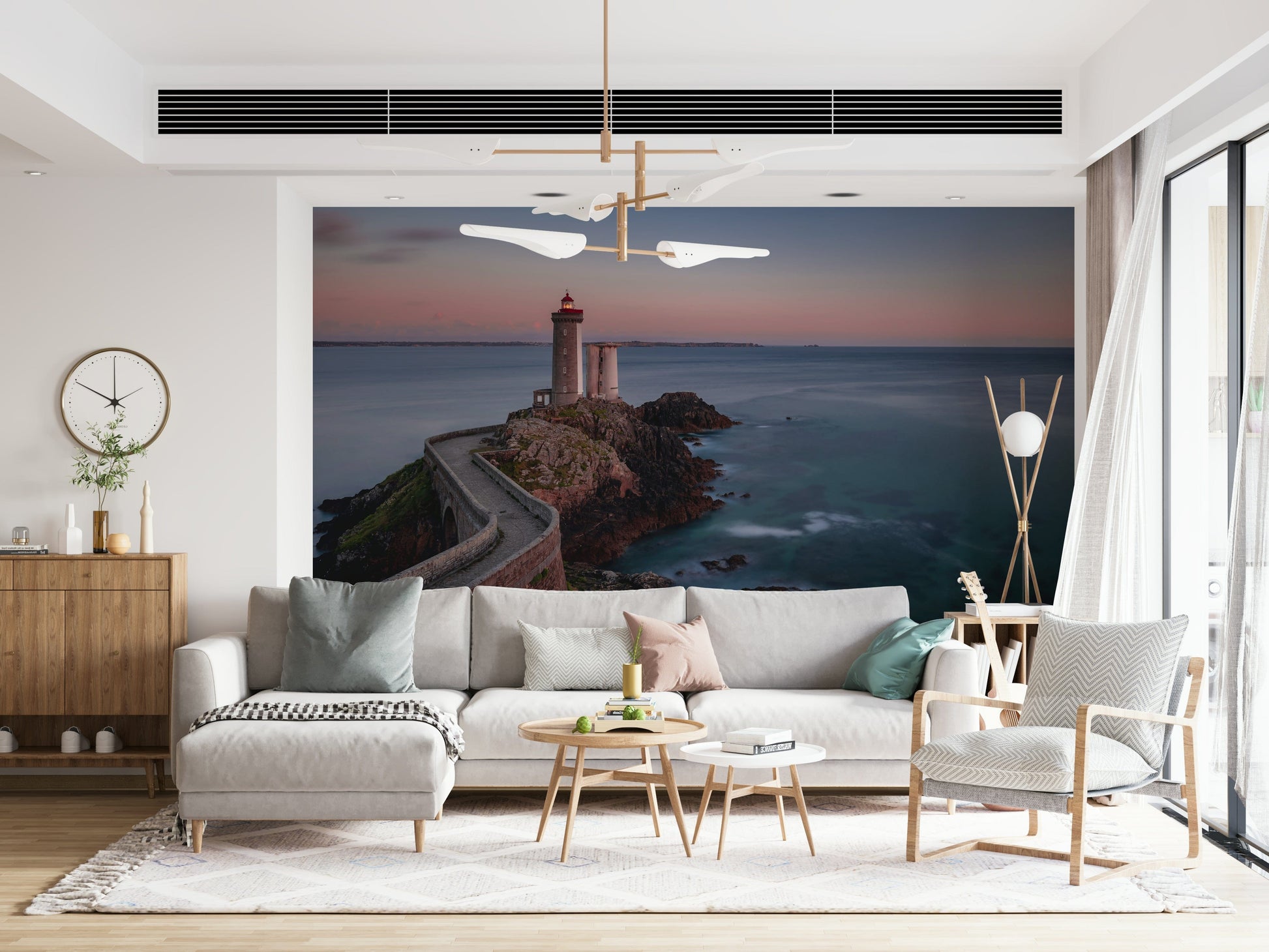 Decorative mural featuring a coastal lighthouse amidst soft, calming seascapes.