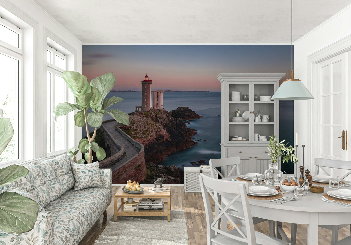 Coastal Beacon Serenity Wall Mural — tranquil seaside view with a peaceful lighthouse.