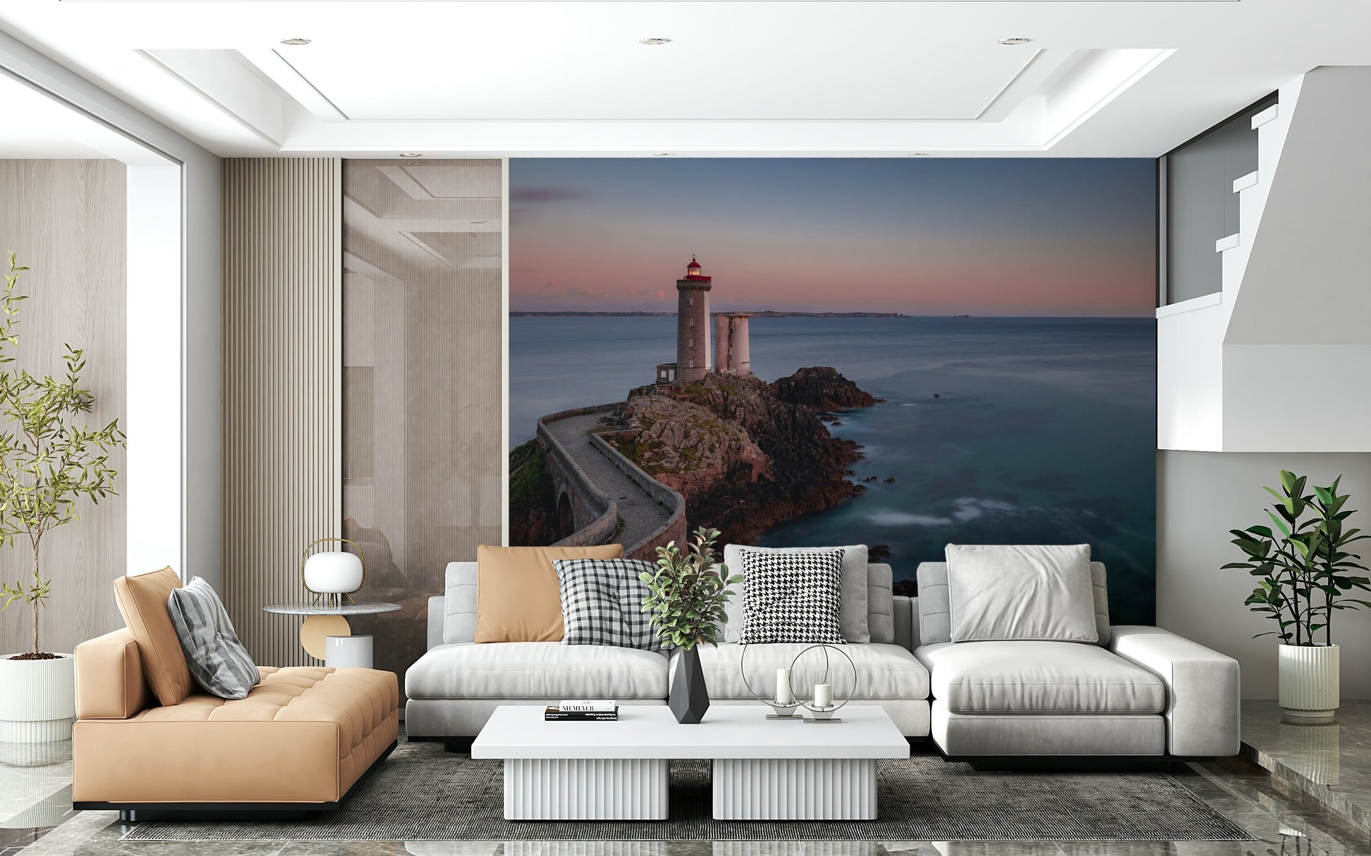 Decorative wall mural showcasing a serene coastal scene with a guiding lighthouse.