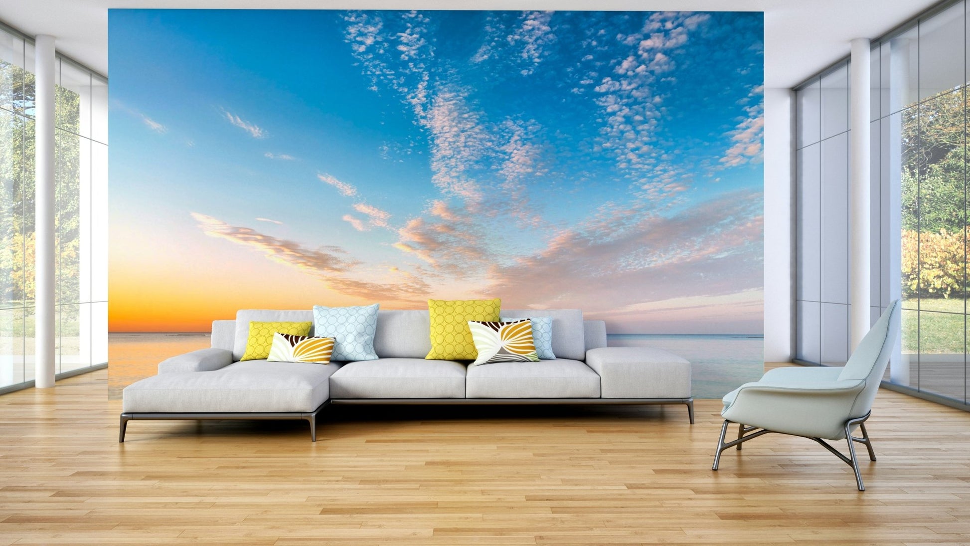 Sunset over the sea mural with peaceful coastal vibe

