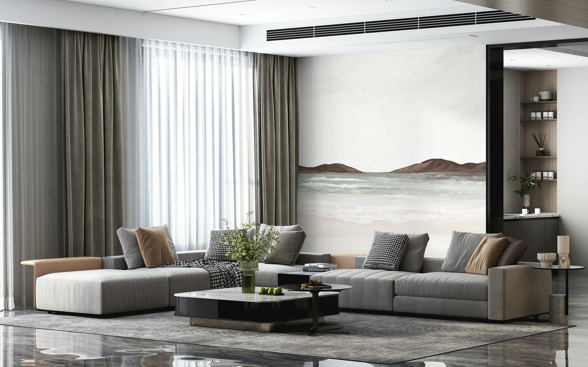 Painted Shores Wall Mural in bedroom, calm ocean scene, blue and sand colors