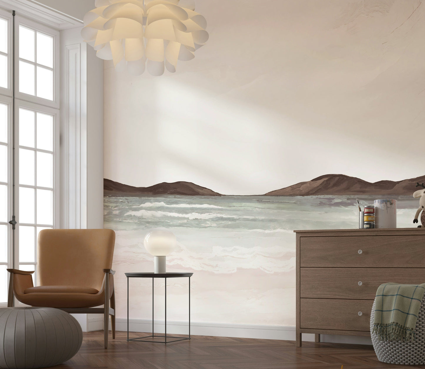 Seaside painted mural in lounge, airy blue color palette, feature wall backdrop
