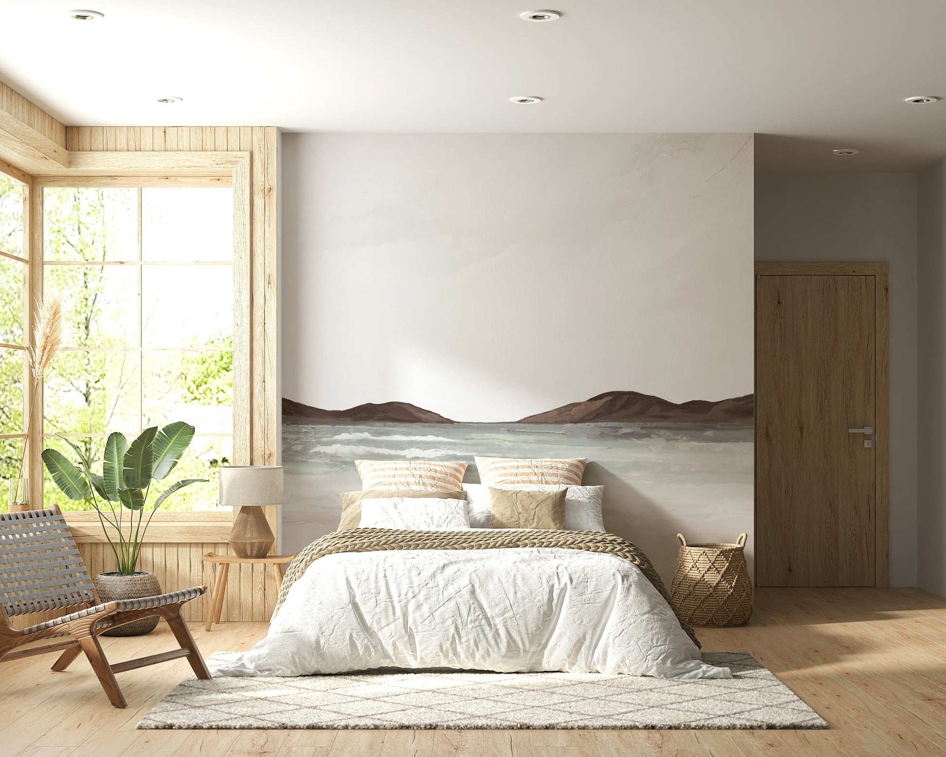 Painted coastal wall mural in modern living room, soft blue color tones, feature wall decor