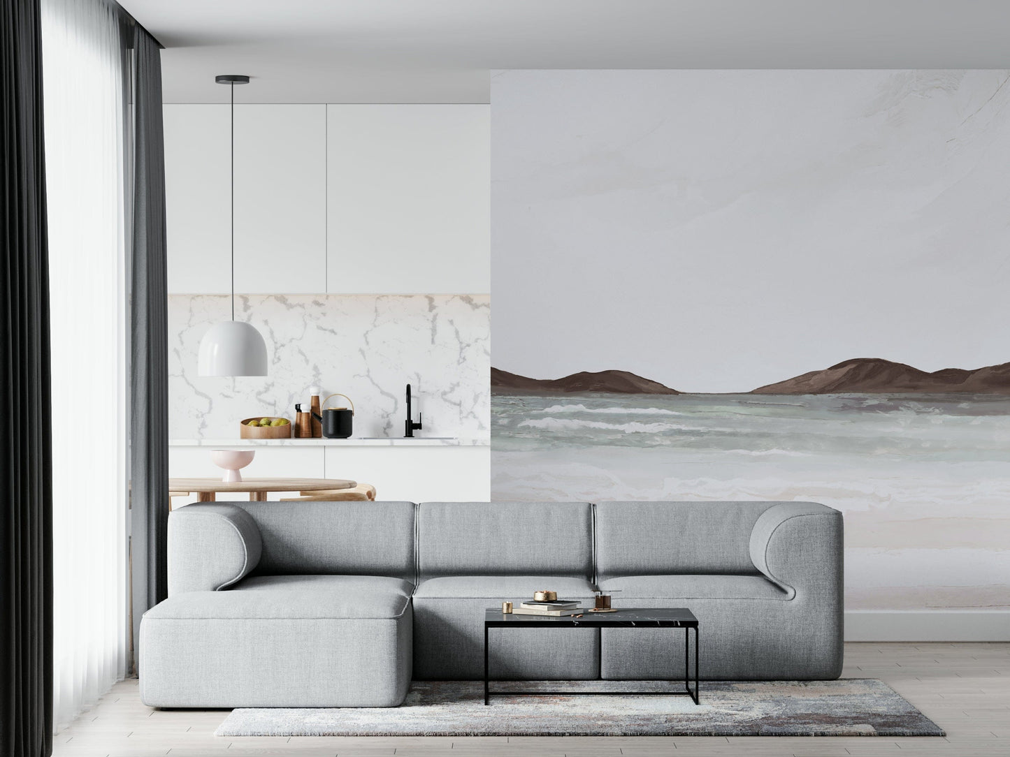 Ocean shoreline mural in reading nook, gentle color tones, minimalist decor