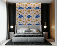 Whimsical wallpaper with charming crabs and scattered star shapes.