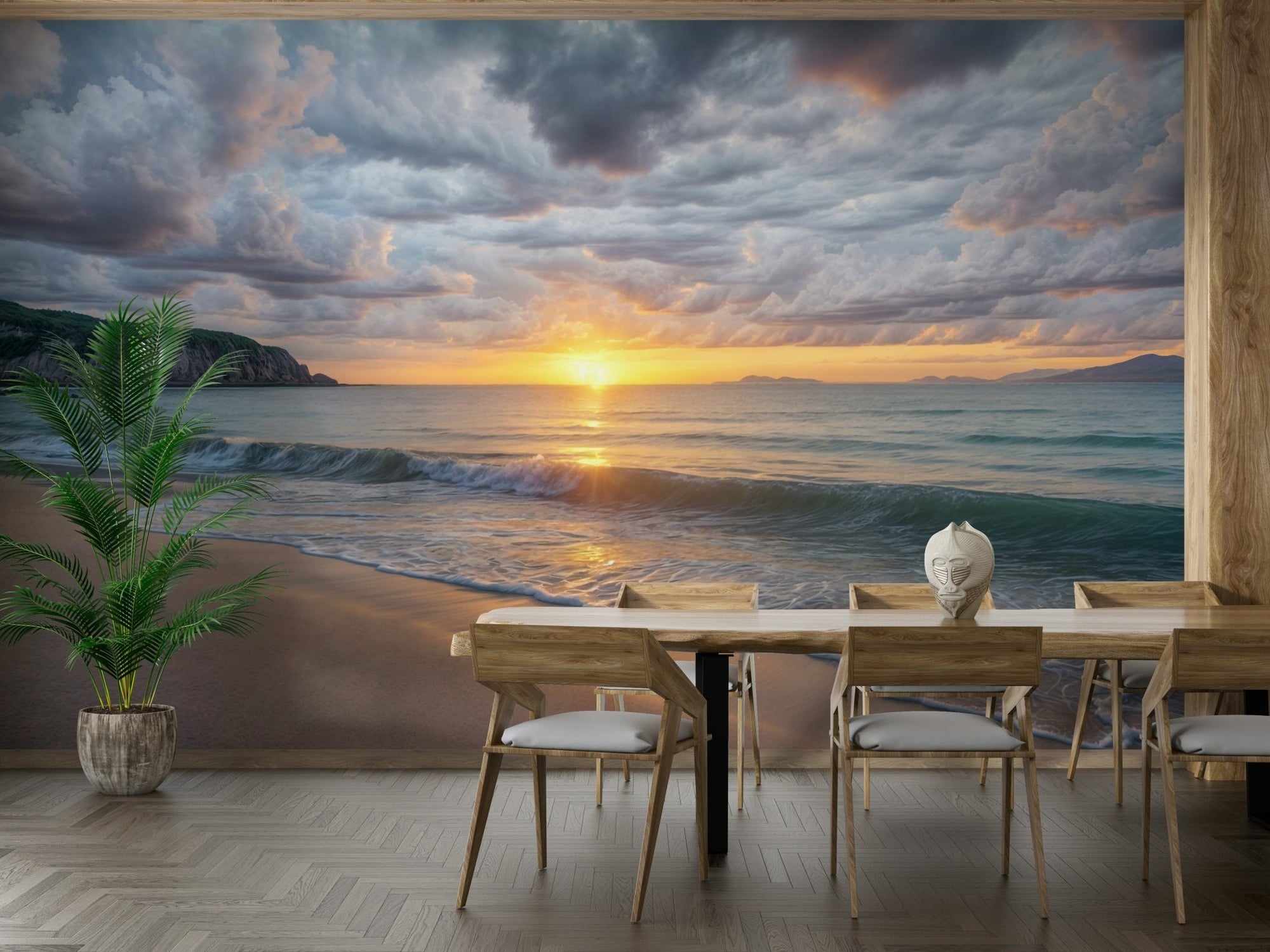 Coastal Dawn Serenity wallpaper mural of a beach sunset with dramatic clouds behind a wood dining table and palm in a dining room