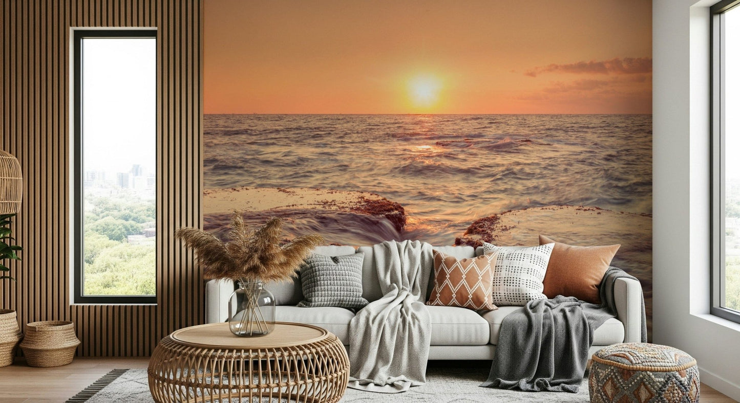 Coastal Dawn water rushing over coastal rock formation feature mural.