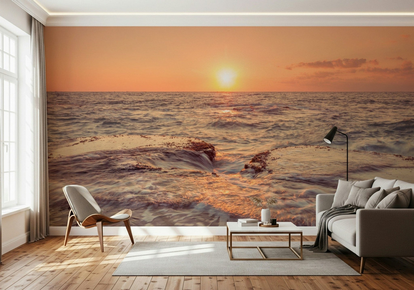 Elegant Coastal Dawn seaside vista custom mural panel.