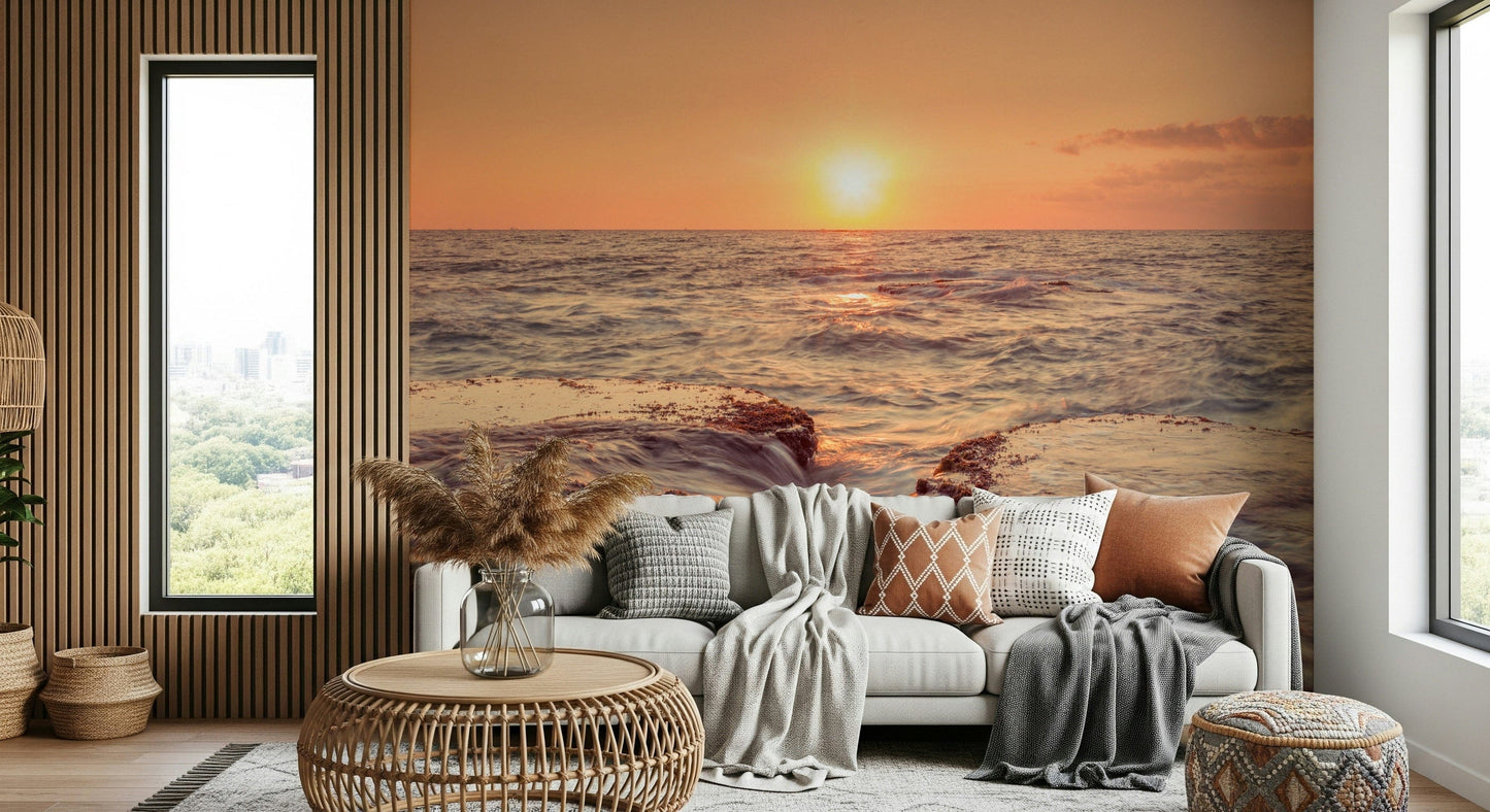 Coastal Dawn water rushing over coastal rock formation feature mural.