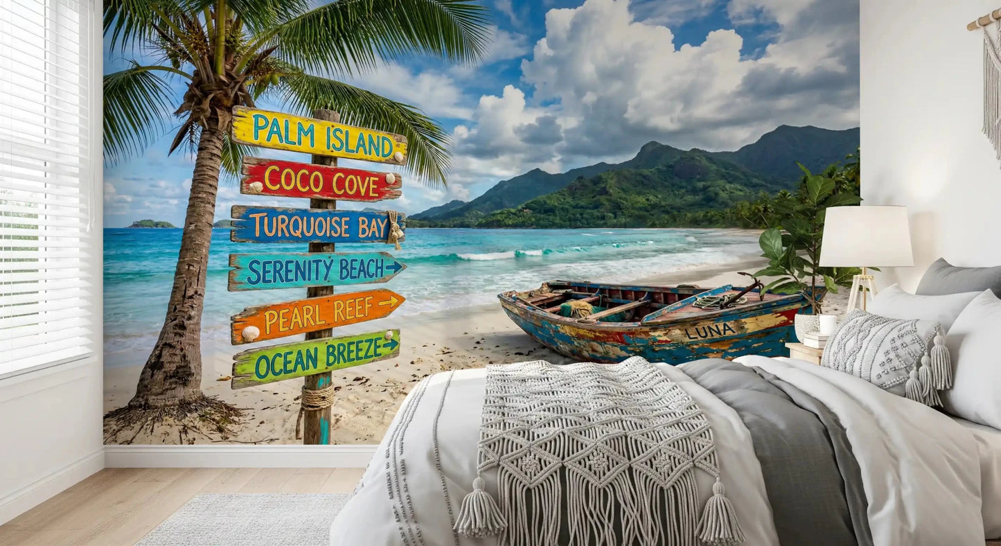 Tropical beach Dream wall mural with wooden boat and waves