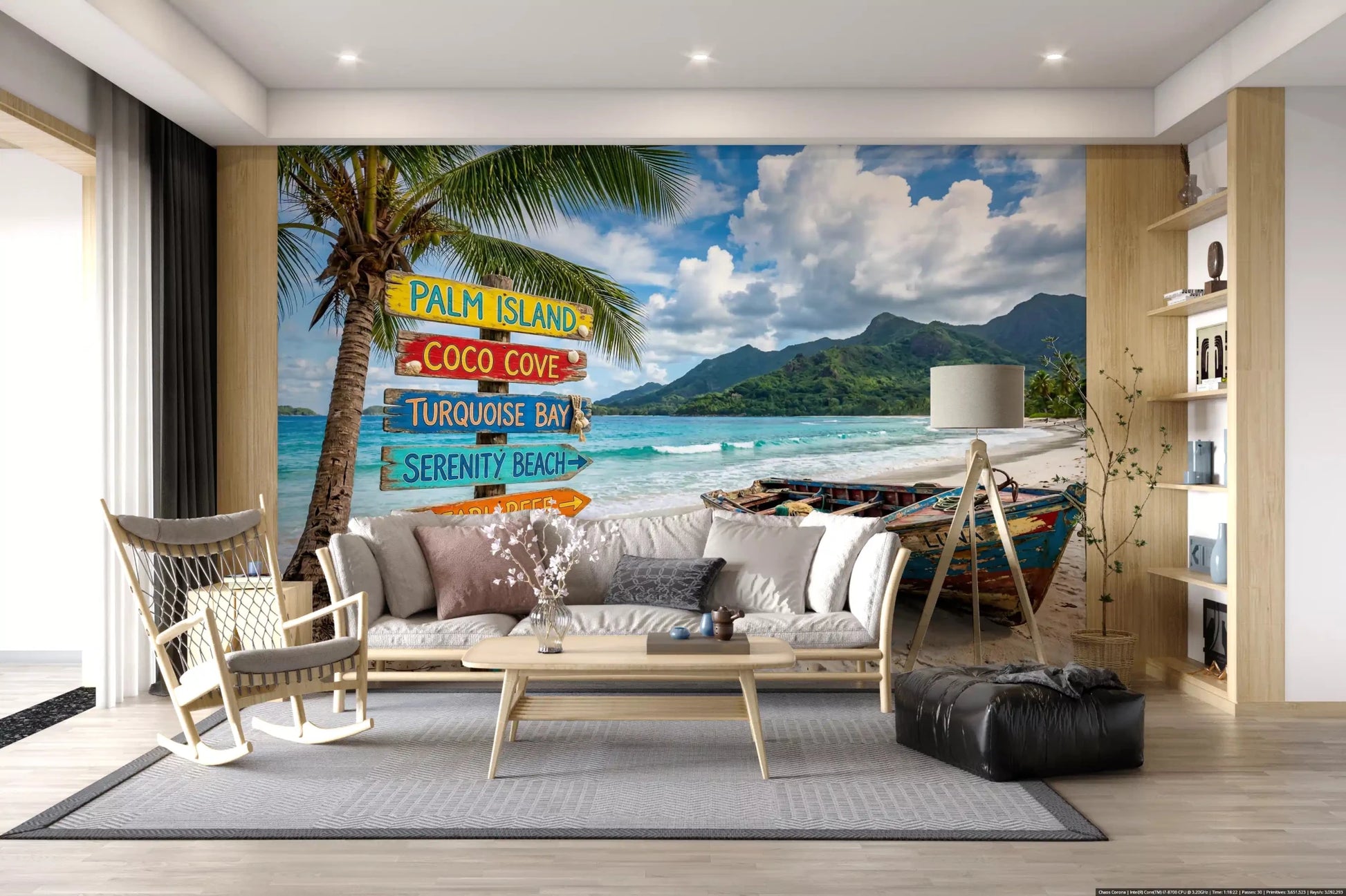 Island Dream beach mural with colorful signs and palm tree
