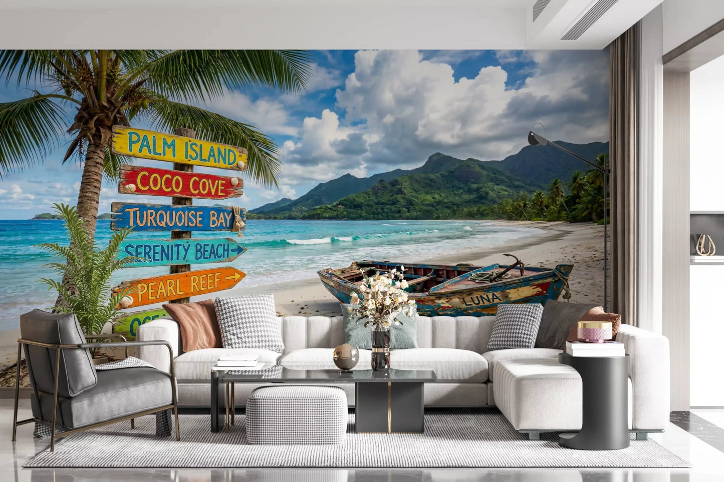 Living room beach Dream mural with palm tree and signboard