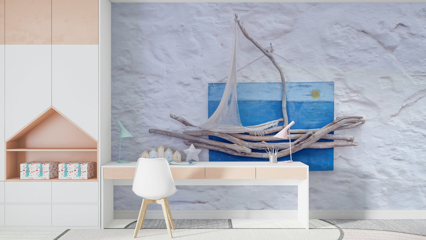 A beautiful wooden boat wall mural for a living room.


