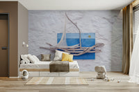 A peaceful open ocean mural on decorative wallpaper.

