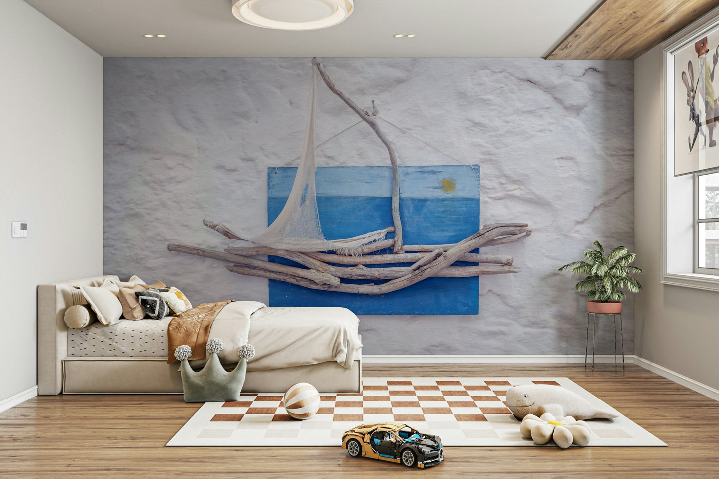 A graceful subtle boat wall mural in cool, natural tones.

