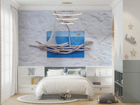 A beautiful handcrafted boat wallpaper mural made of driftwood.


