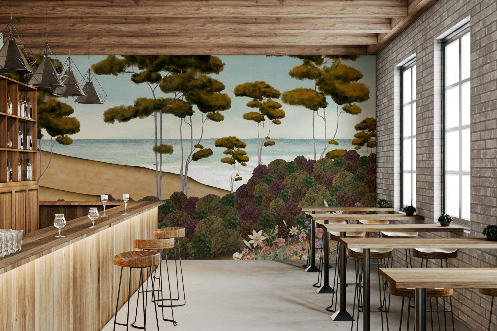 The design features a repeating pattern of soft, lush leaves and coastal flora.

