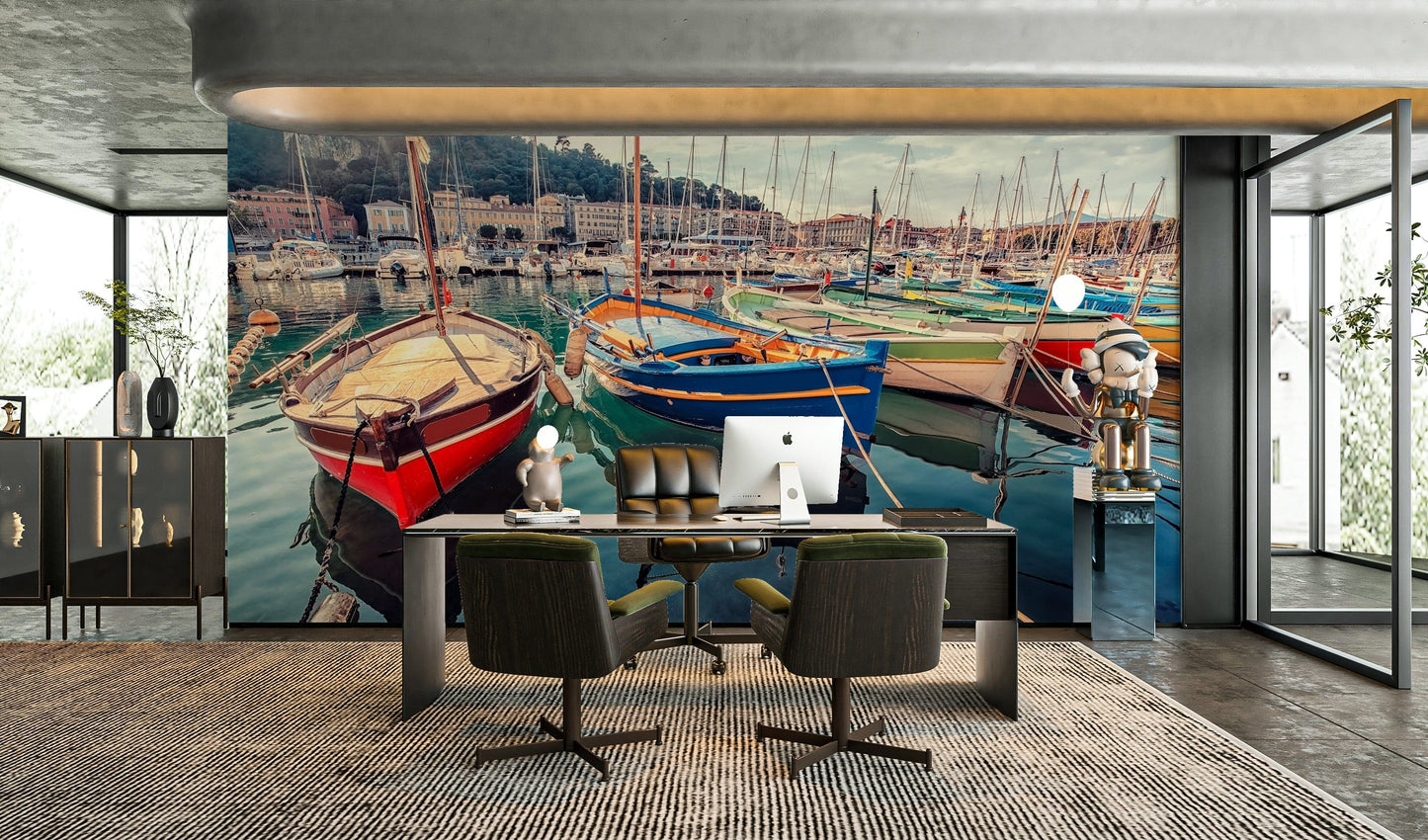 A peaceful waterfront view mural on decorative wallpaper.

