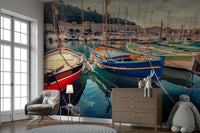 A beautiful harbor scene wallpaper mural with vibrant colors.

