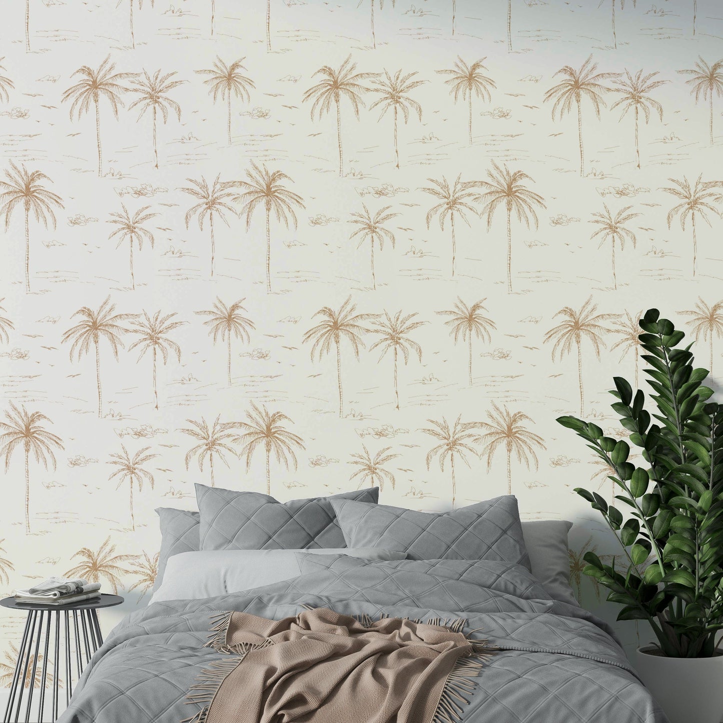 A full-wall mural showing a pattern of sketched palm trees.
