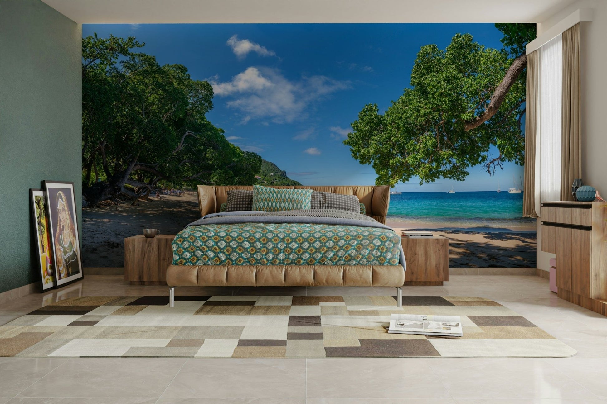 Mural with small boats on the water.

