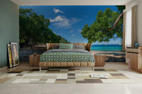 Mural with small boats on the water.

