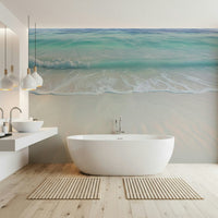 Bathroom wall with coastal mural, spa-style décor, soft ocean colours, clean look