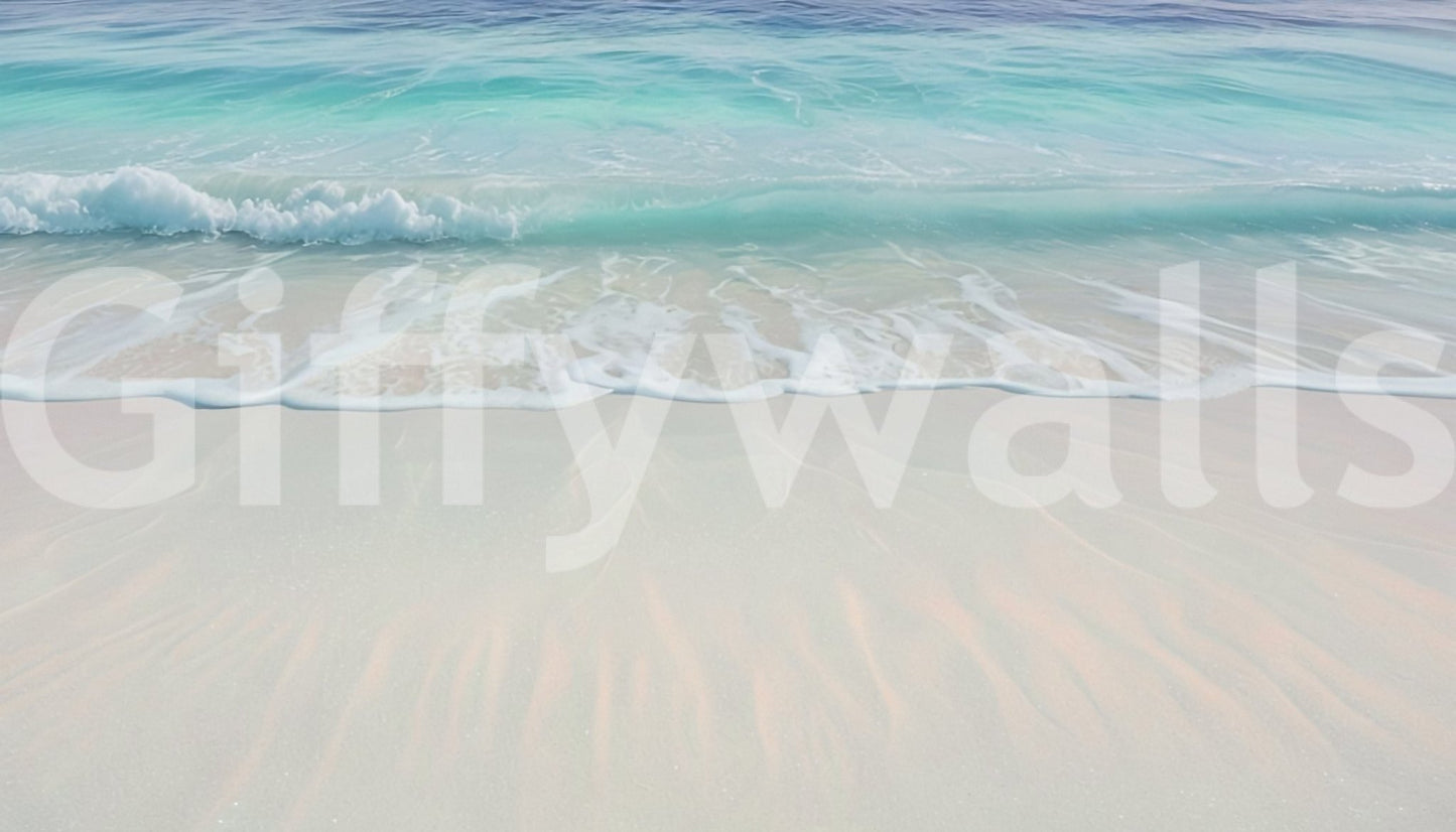 Stairwell wall with coastal mural, simple railing, soft coastal colour wash