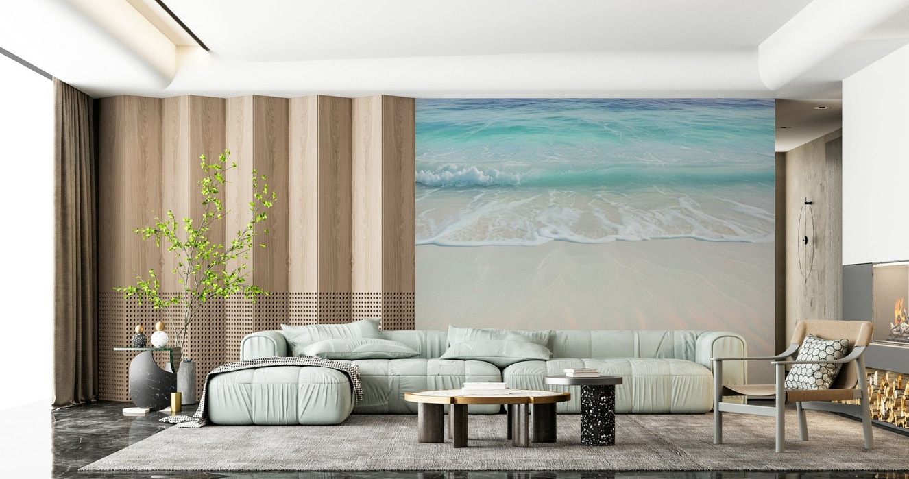 Coastal beach wall mural on lounge feature wall, soft blue sea, sandy tones, modern seating