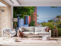 Large terracotta pots lining a path in the Coastal Path Charm hallway Wall Mural.