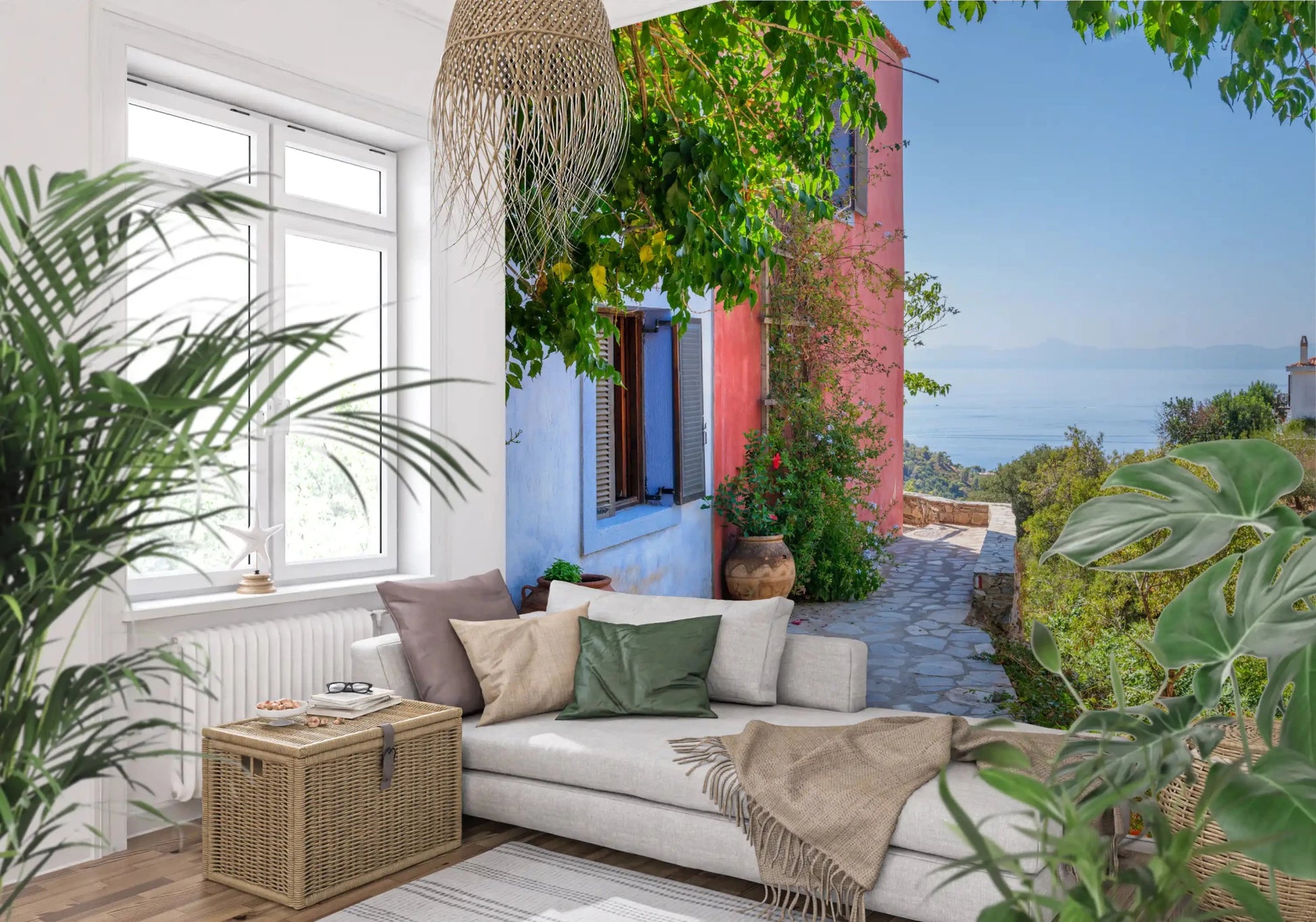 Bright blue sky and calm water featured on Coastal Path Charm Wall Mural.