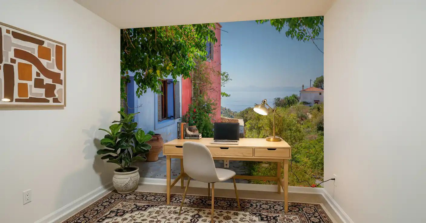 Coastal Path Charm Wall Mural with shutters and a narrow cobblestone road.