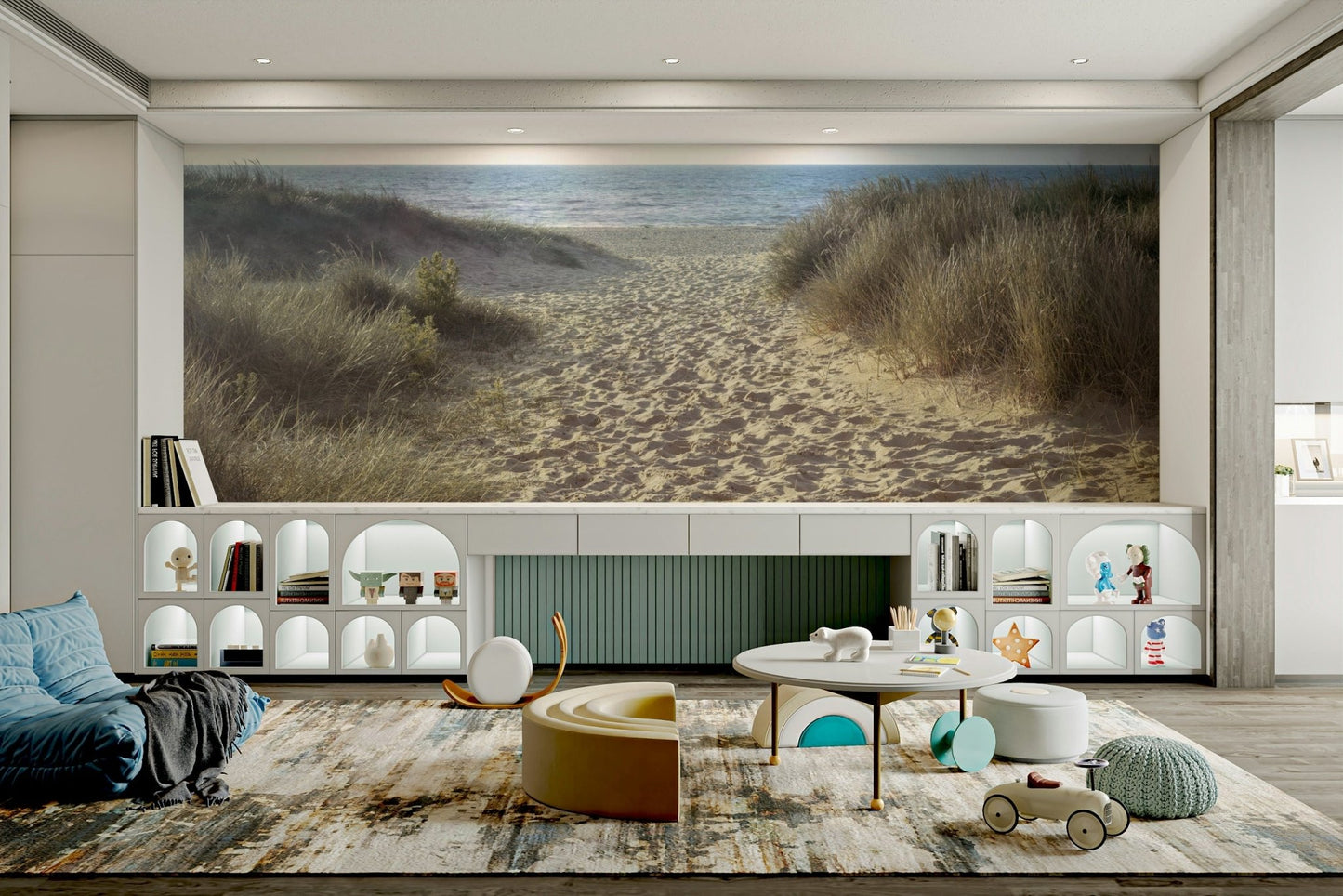 Serene coastal path mural featuring soft sand and calm waves.

