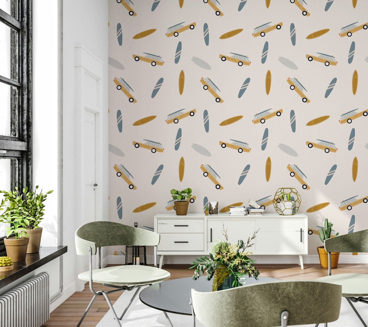 Beachy wallpaper with a scattered pattern of surfboards and nostalgic coastal road-trip cars.