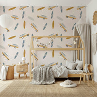 Retro vans with surfboards paired with surfboard icons forming a relaxed coastal wallpaper.
