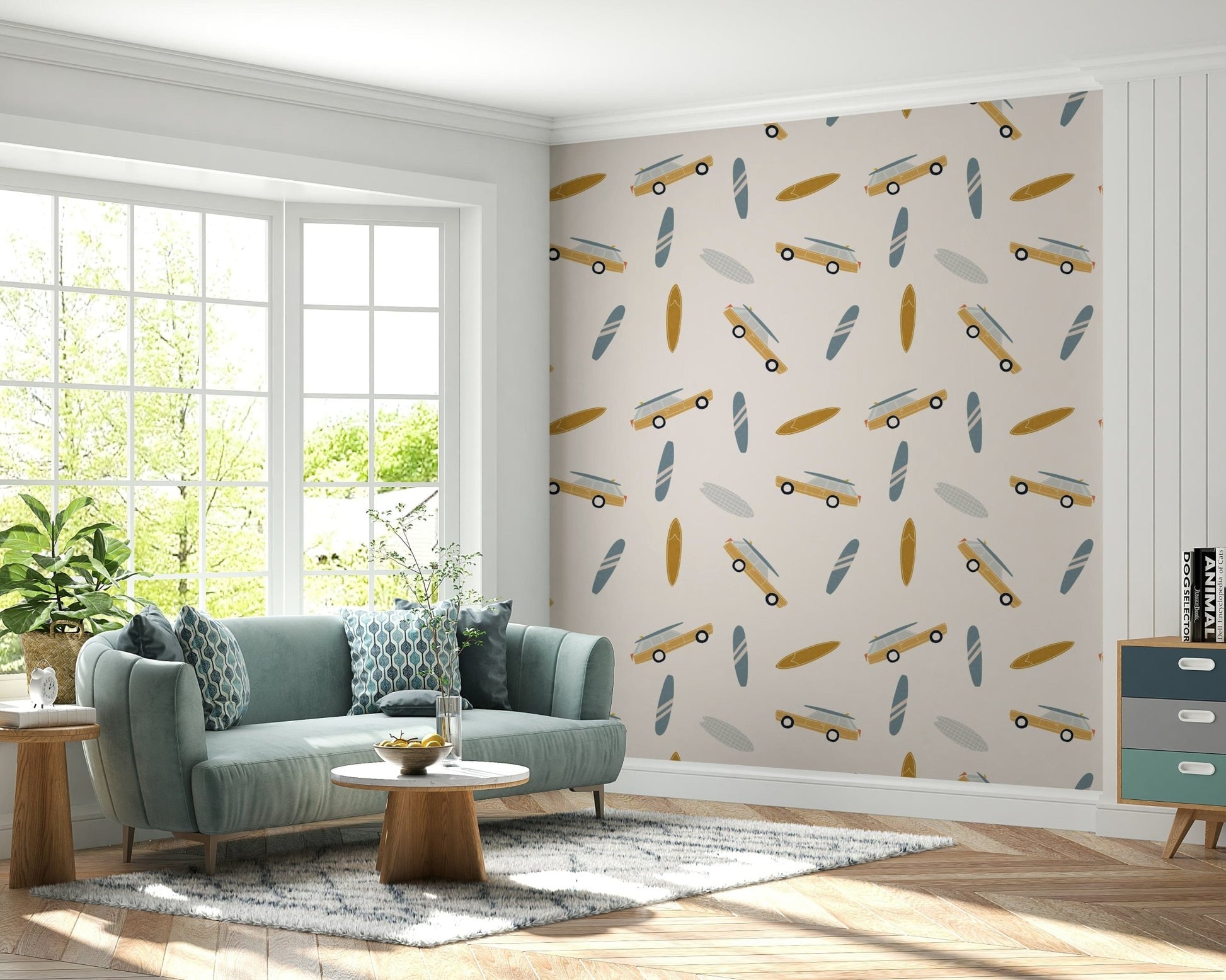 A beach-themed wallpaper with retro vans carrying surfboards in warm mustard and blue tones.