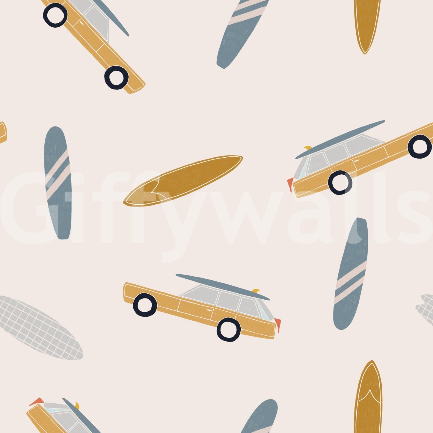 Soft-toned wallpaper filled with whimsical surfboards and tiny illustrated vans inspired by beach travel.