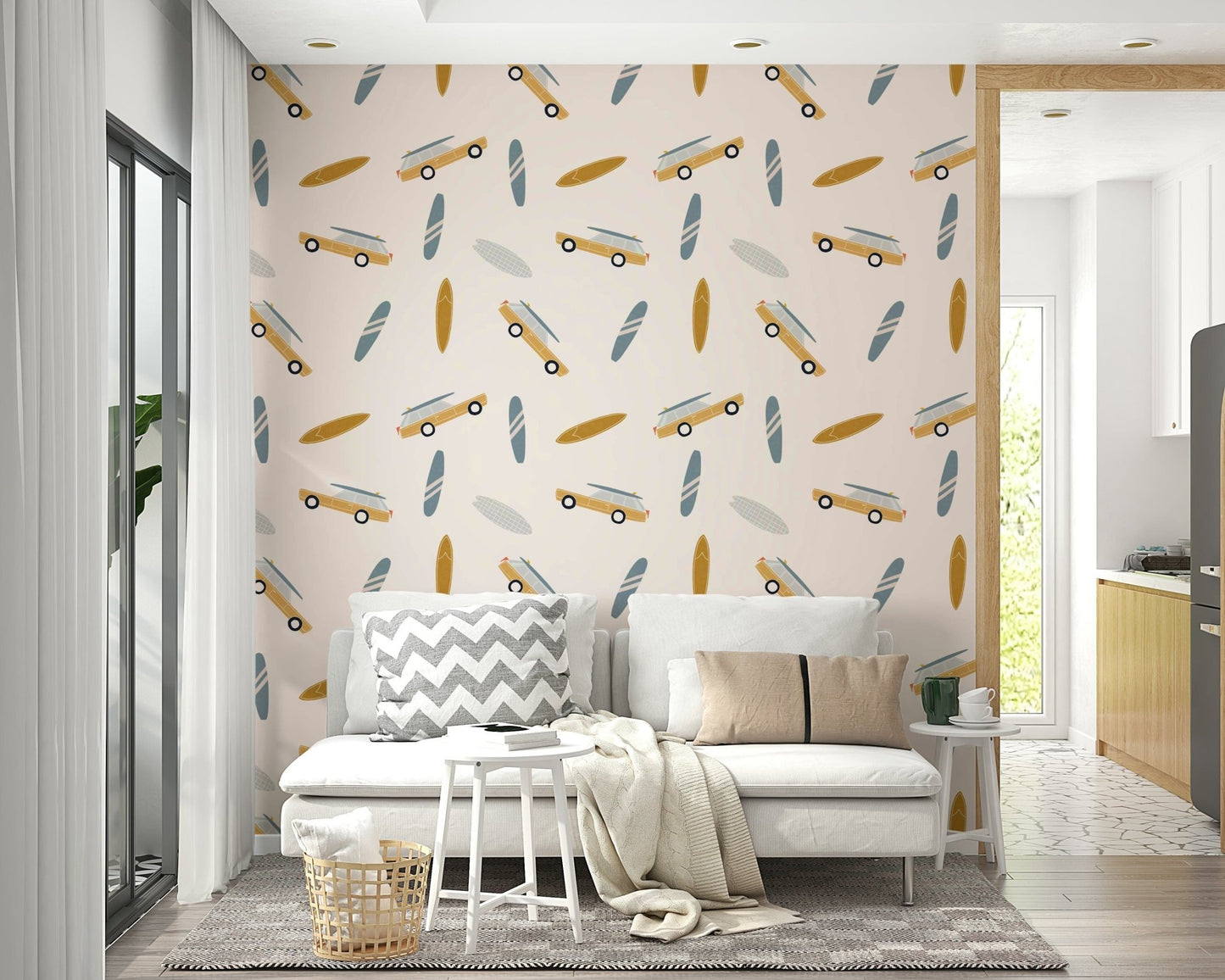 A fun wallpaper pattern showing surfboards and classic beach vans in muted seaside colors.