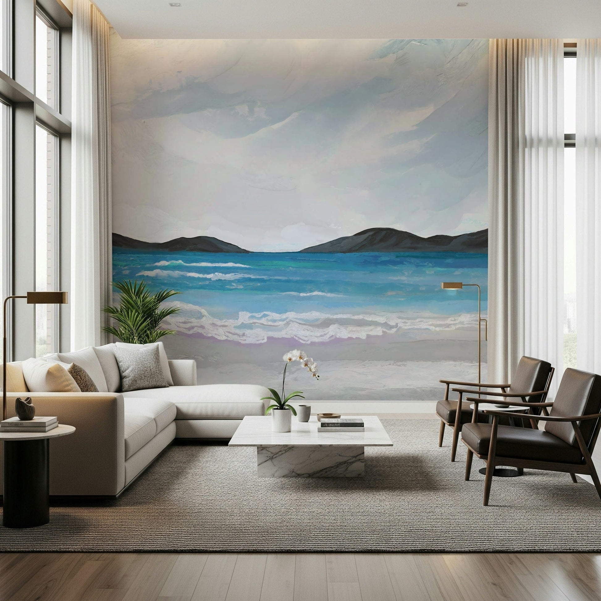 Coastal Scene Wall Mural designed for bright living room with natural light