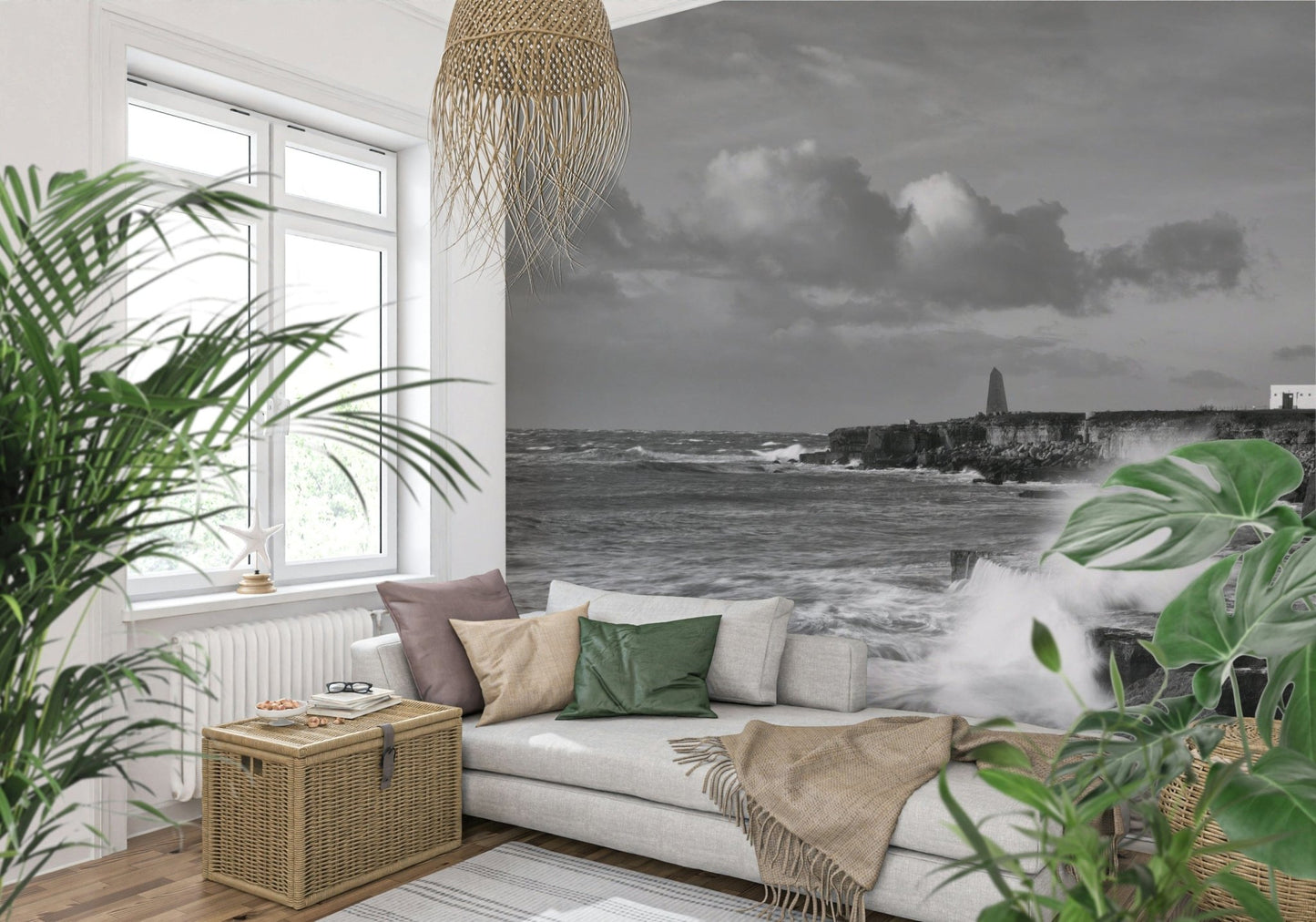 Cliffside lighthouse wall mural in grey tones