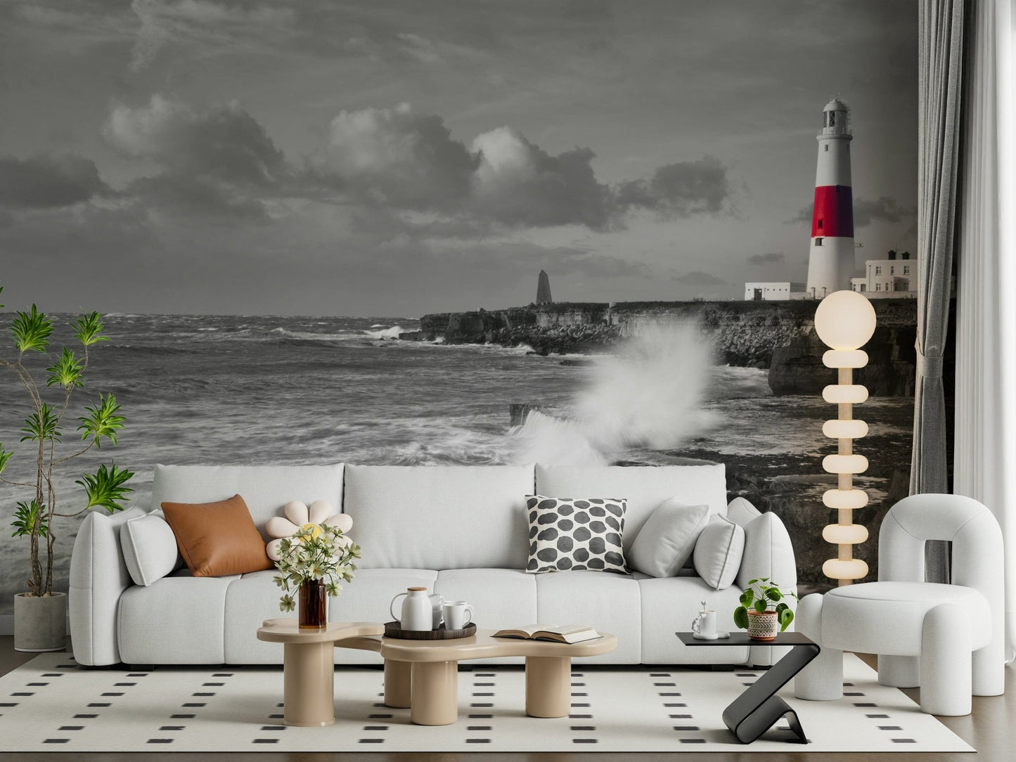 Coastal lighthouse wall mural in monochrome