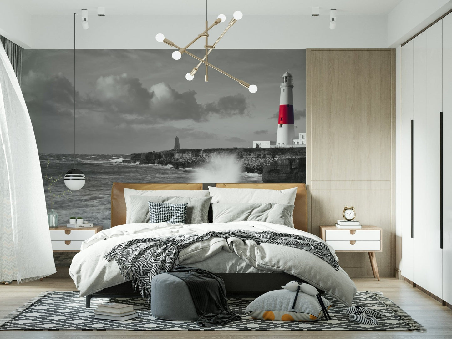 Dramatic sea waves wall mural with beacon