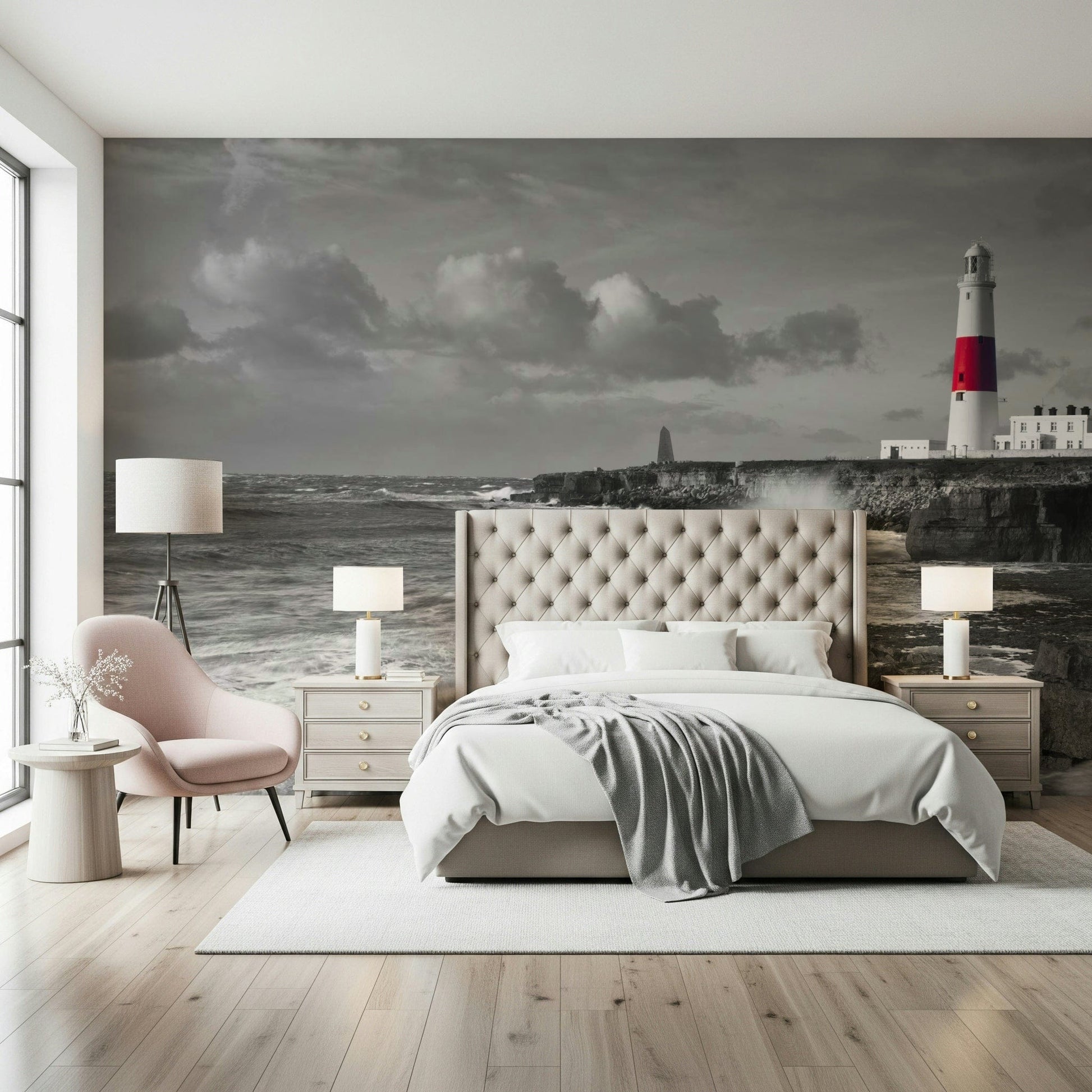 Ocean spray wall mural with tall lighthouse